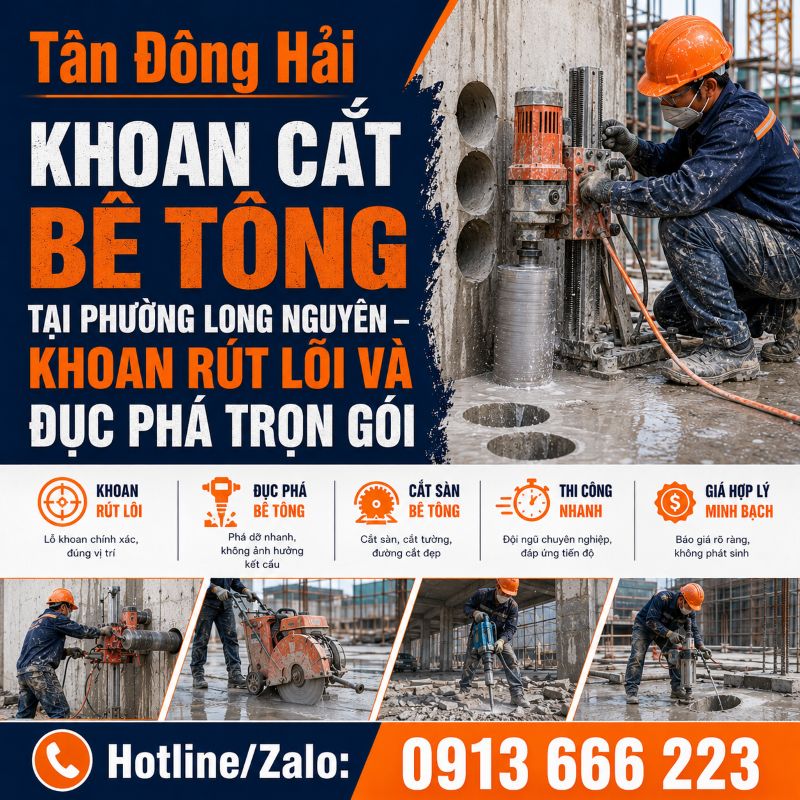 Khoan cắt bê tông tại phường Long Nguyên